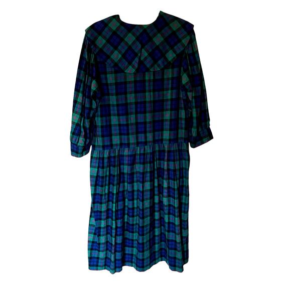 Vintage Lanz Drop Waist Black Watch Plaid Dress SZ14 - Picture 2 of 6